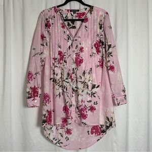 Roaman's Women's Plus Size Plus Size 14 W Floral Pink Pintuck Tunic Cottagecore